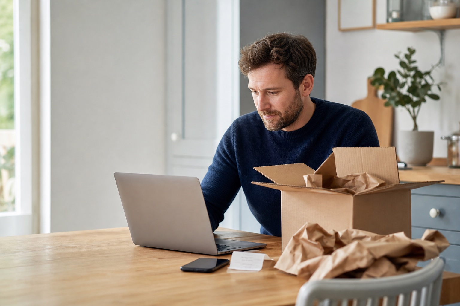 Consumer preparing a parcel complaint with an opened delivery box, receipt and laptop